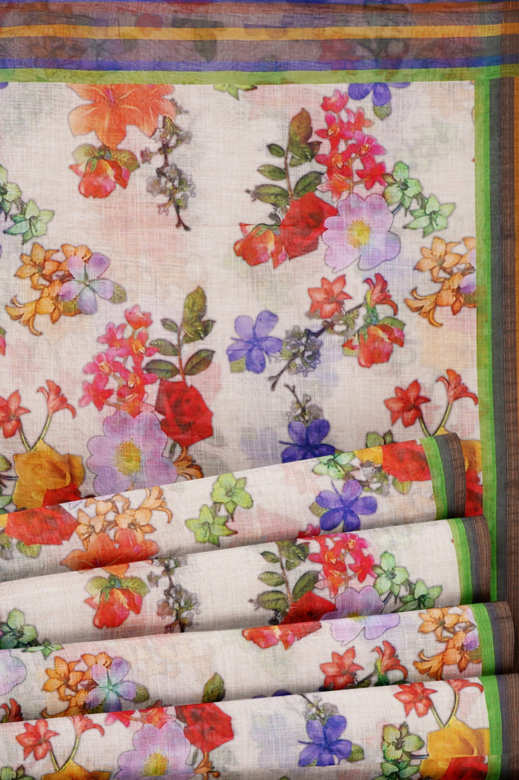 White saree with green grey border - Image 4