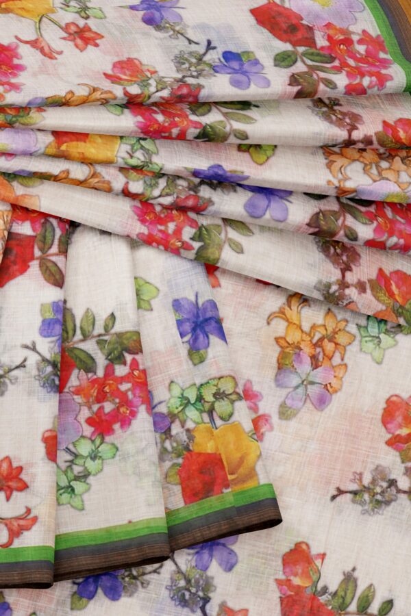 White saree with green grey border - Image 5