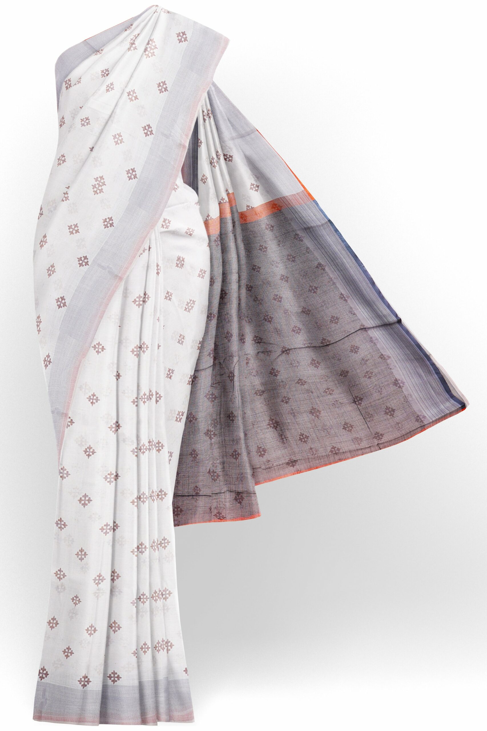 White saree with light grey border