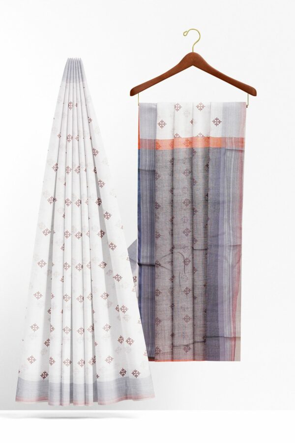 White saree with light grey border - Image 2