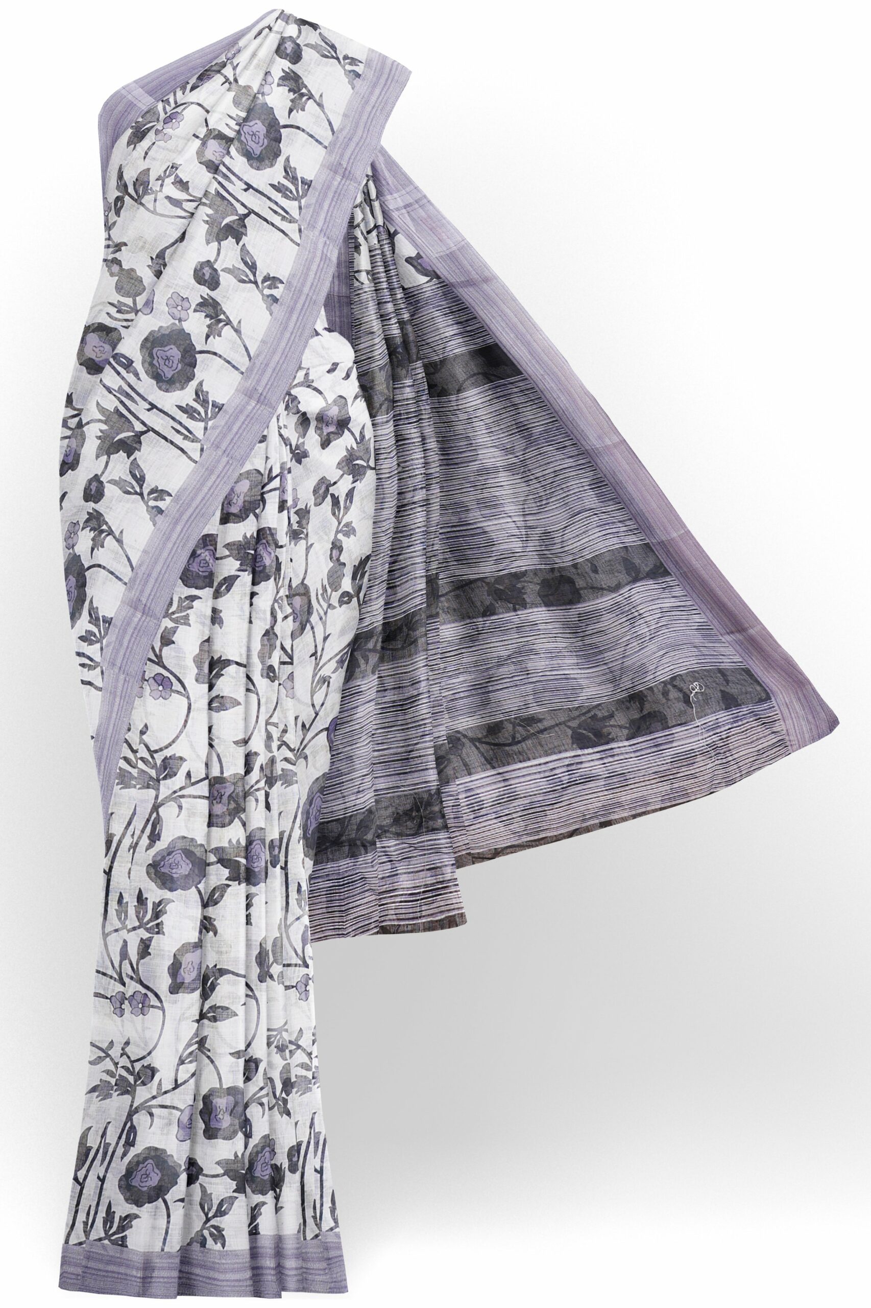 White saree with light purple border