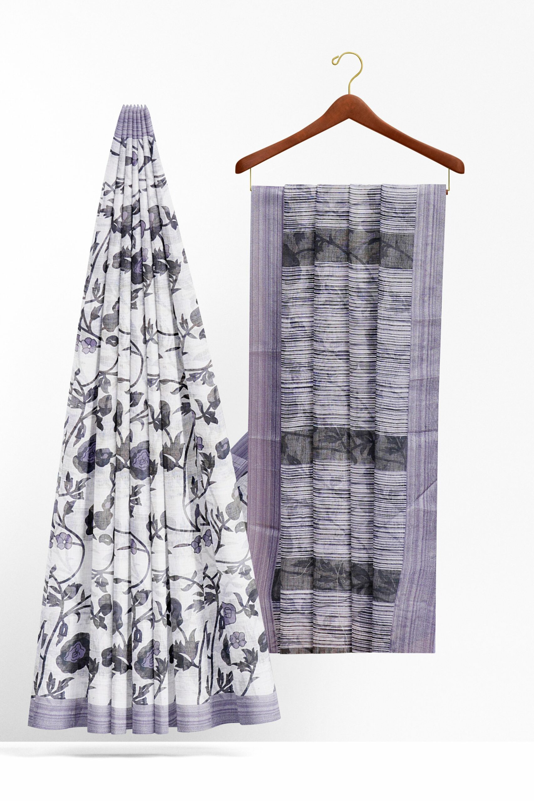 White saree with light purple border - Image 2