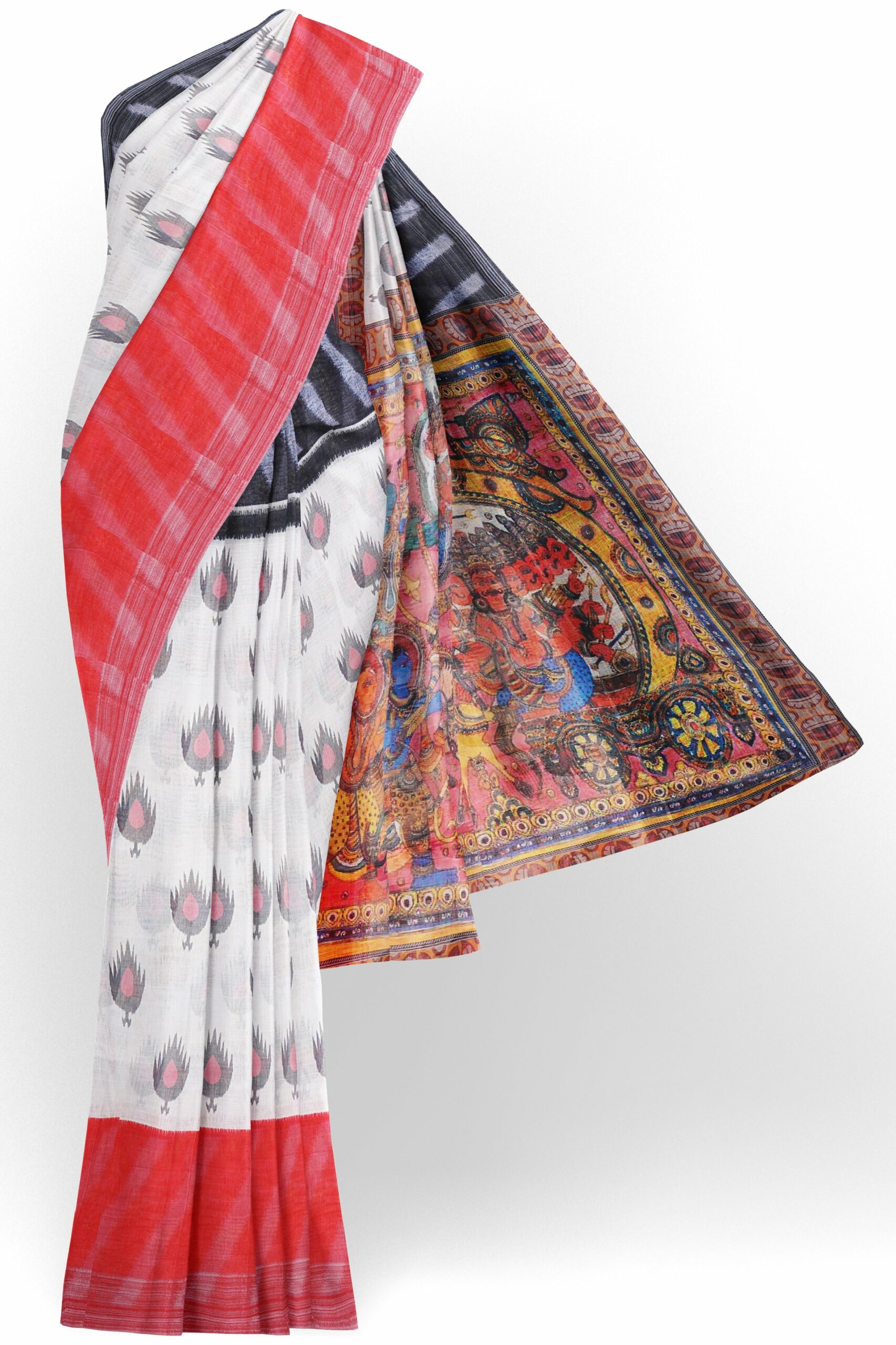 White saree with red and black border