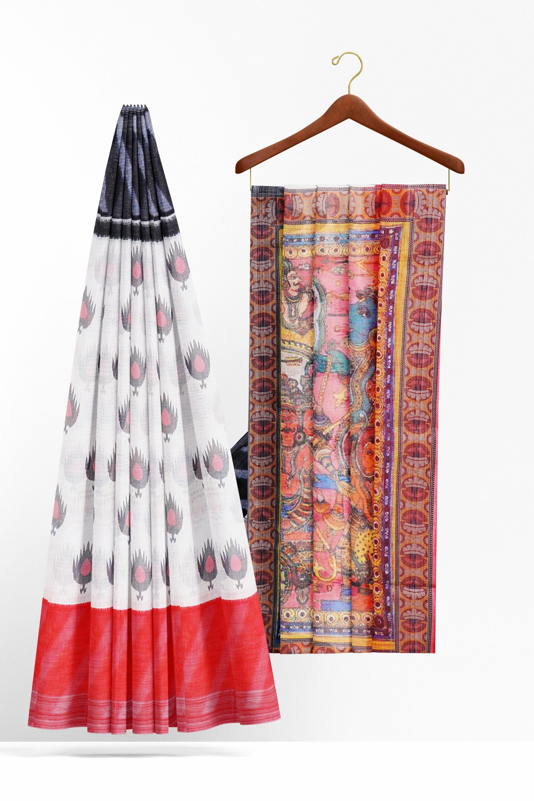 White saree with red and black border - Image 2