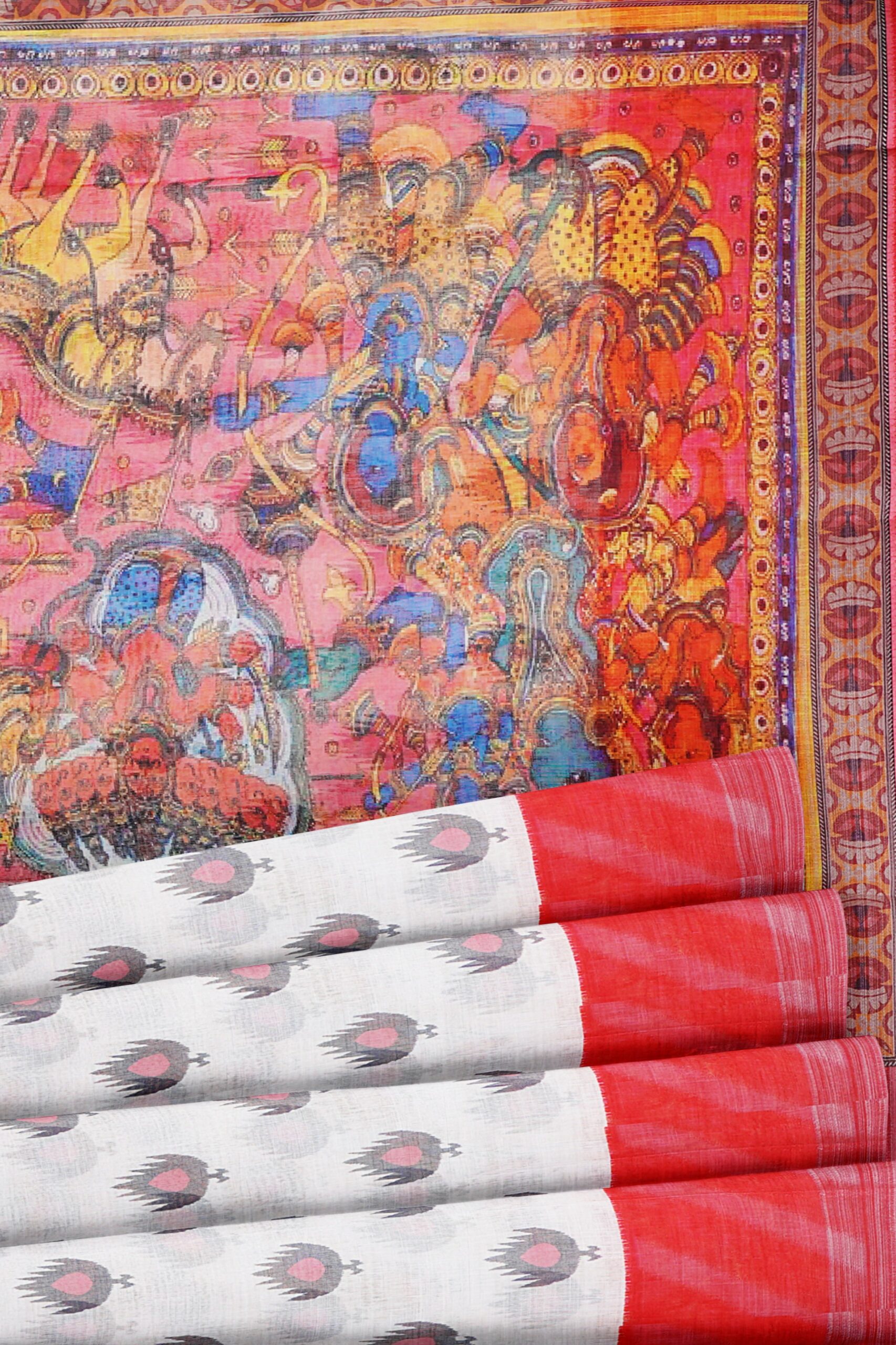 White saree with red and black border - Image 4