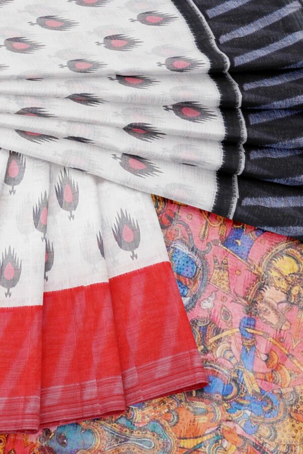 White saree with red and black border - Image 5