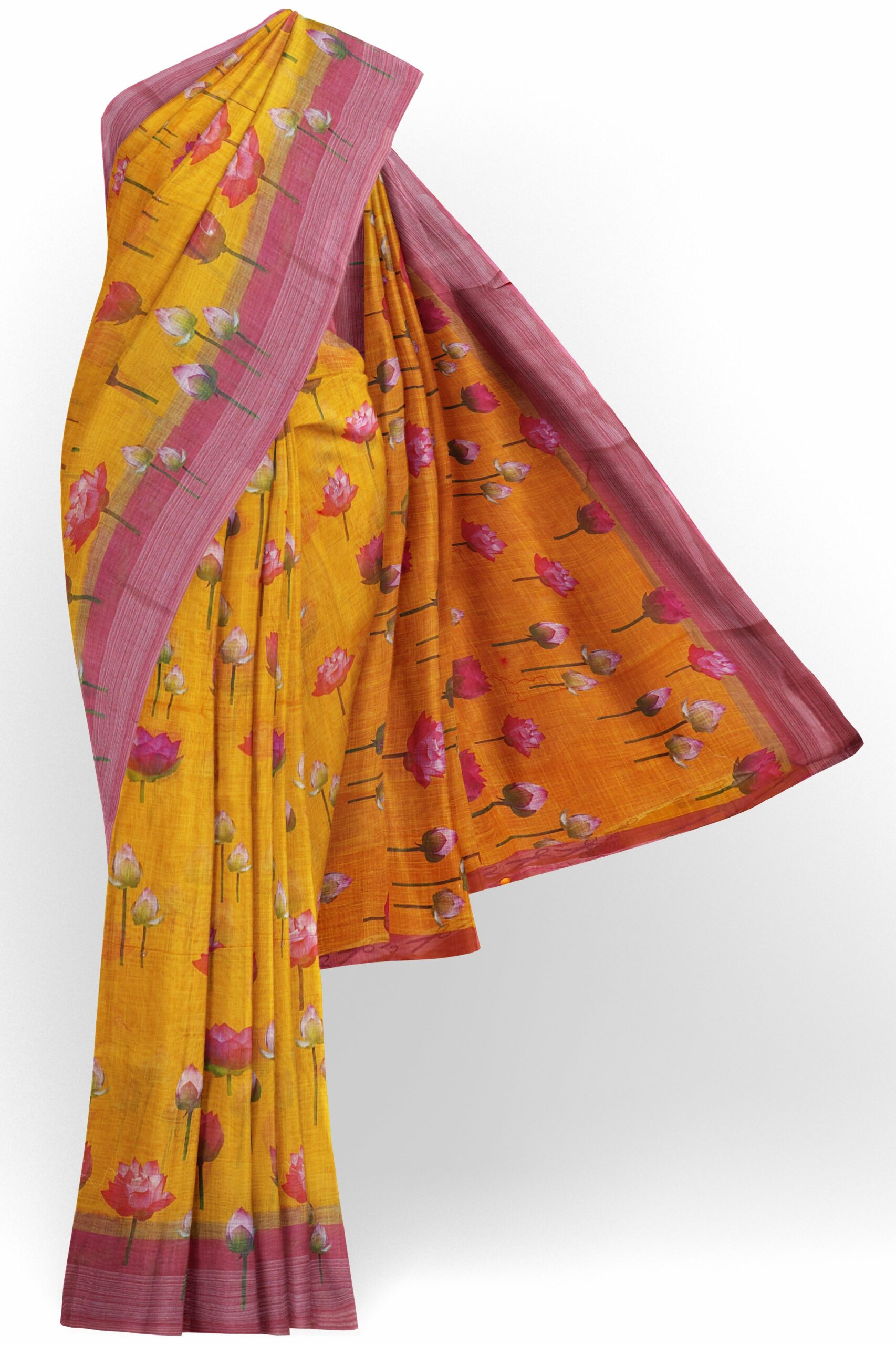 Yellow saree with pink border