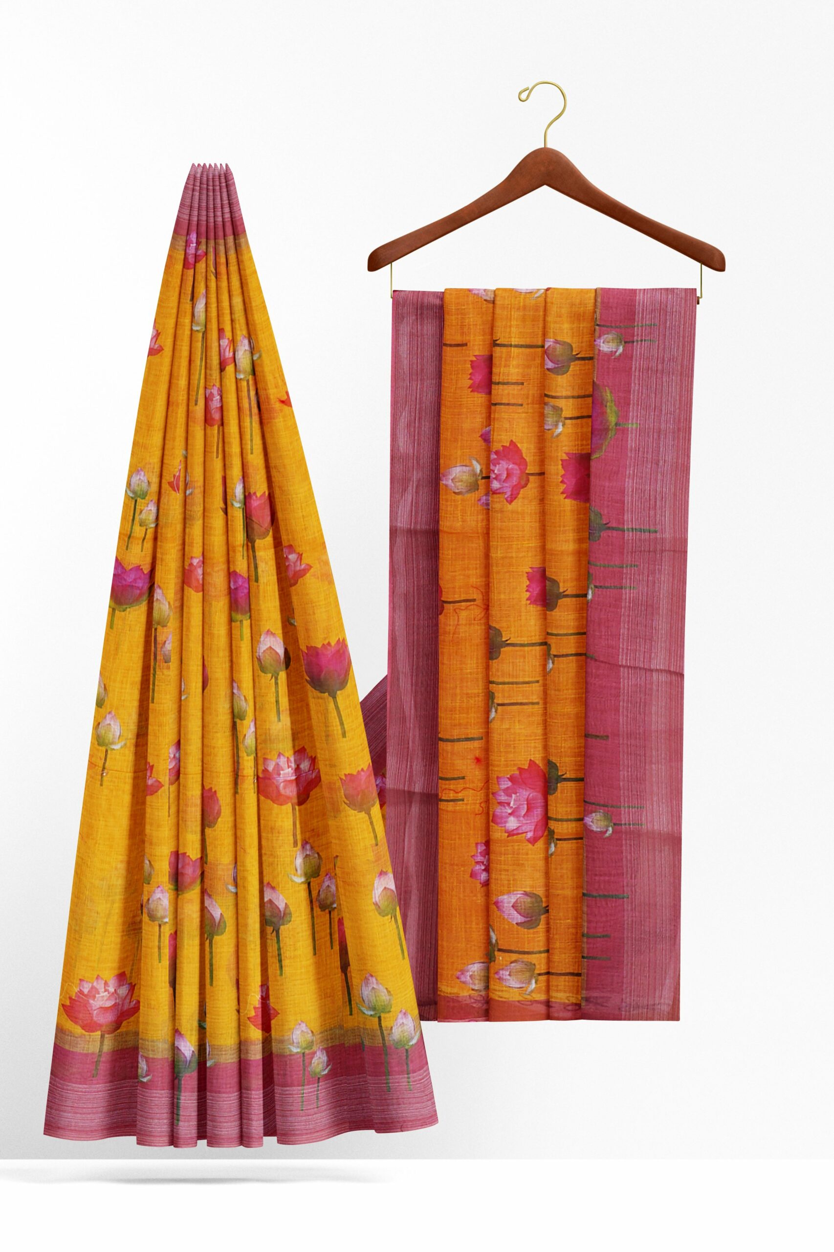 Yellow saree with pink border - Image 2