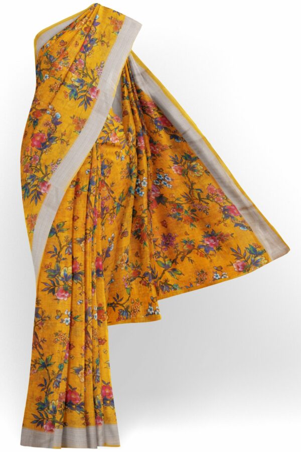 Yellow saree with silver colour border