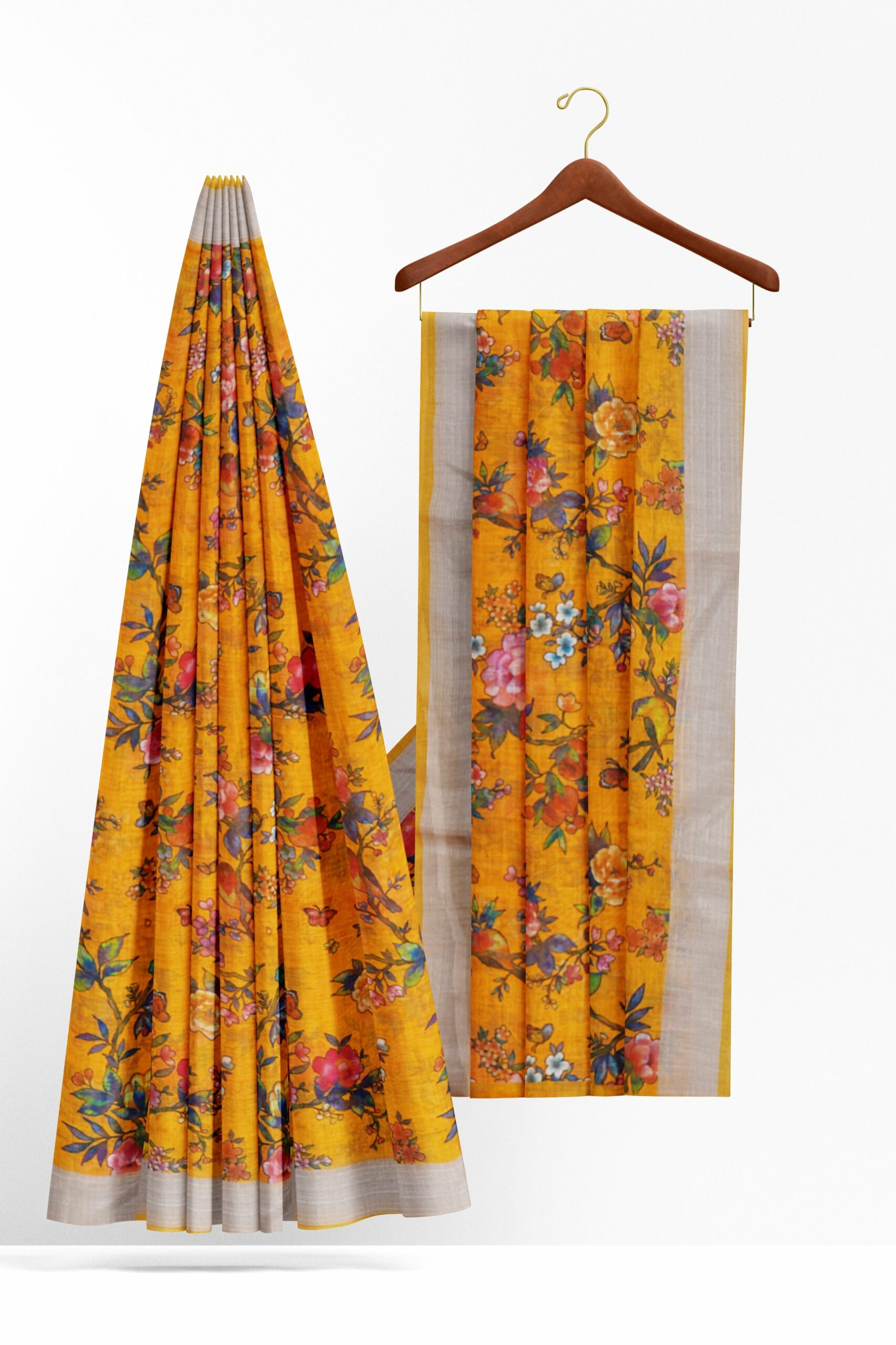 Yellow saree with silver colour border - Image 2