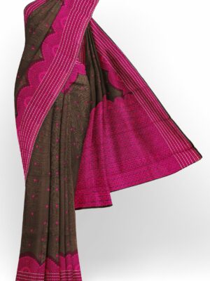 Brown saree with pink border