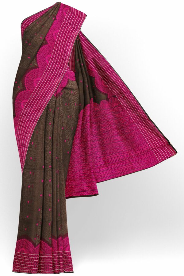 Brown saree with pink border