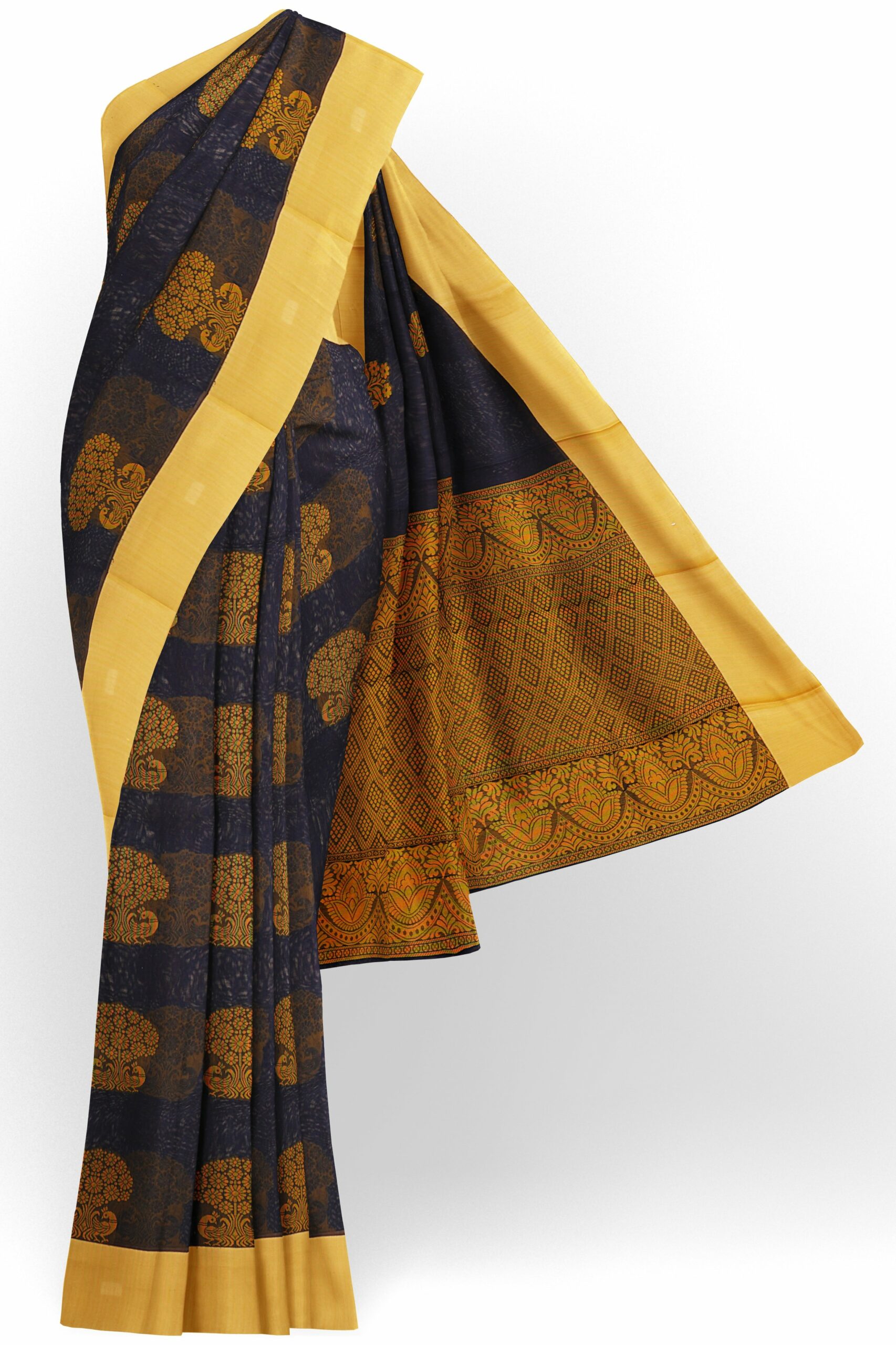 Dark blue saree with yellow border