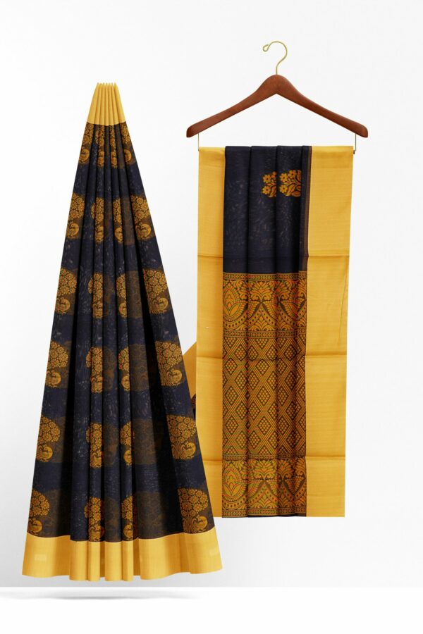 Dark blue saree with yellow border - Image 2