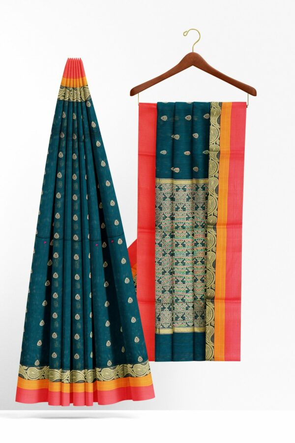 Dark green saree with orange border - Image 2