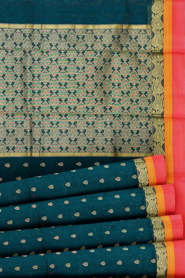 Dark green saree with orange border - Image 4