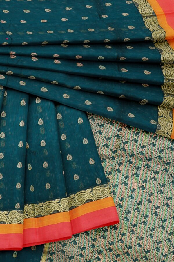 Dark green saree with orange border - Image 5