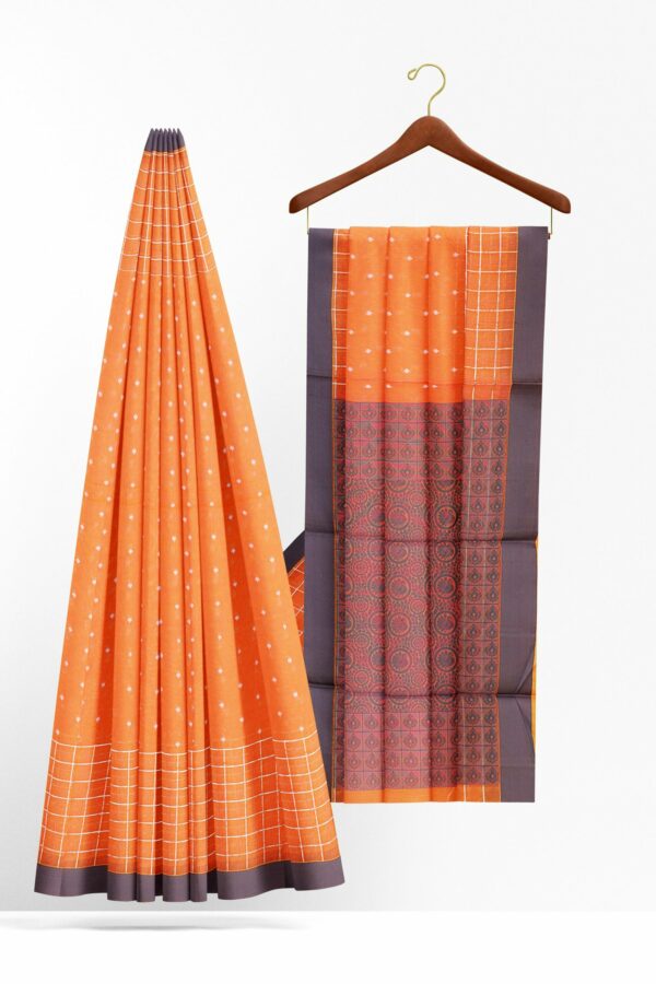 Orange saree with grey border - Image 2