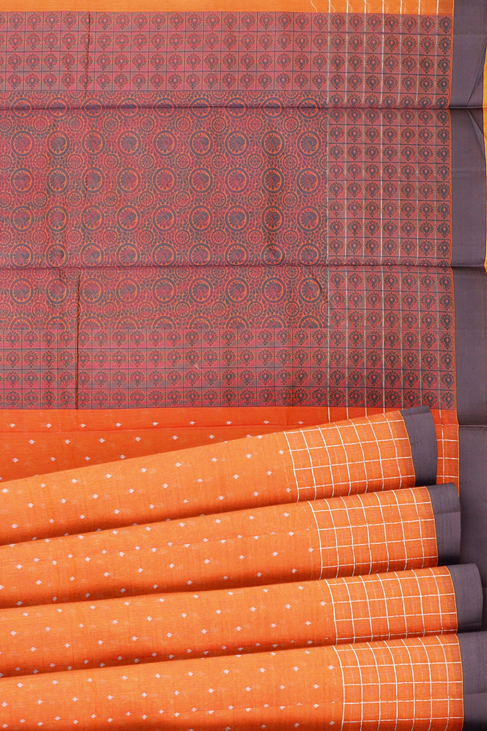 Orange saree with grey border - Image 4