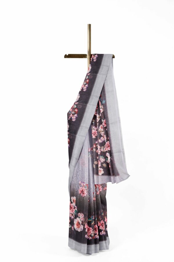 Black and grey floral saree with silver border - Image 2