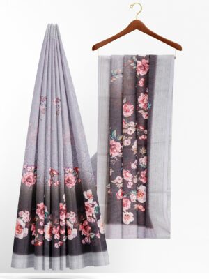 Black and grey floral saree with silver border