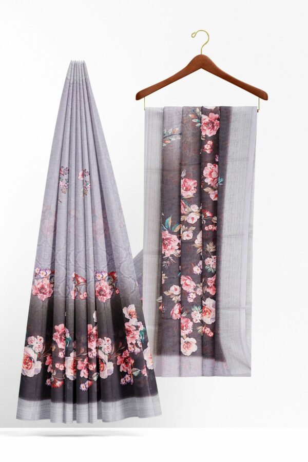 Black and grey floral saree with silver border