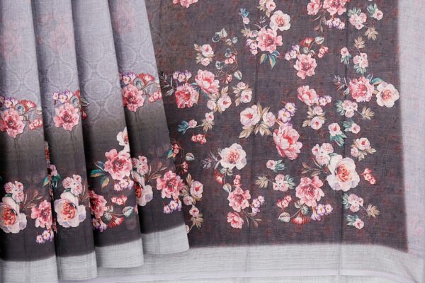 Black and grey floral saree with silver border - Image 4