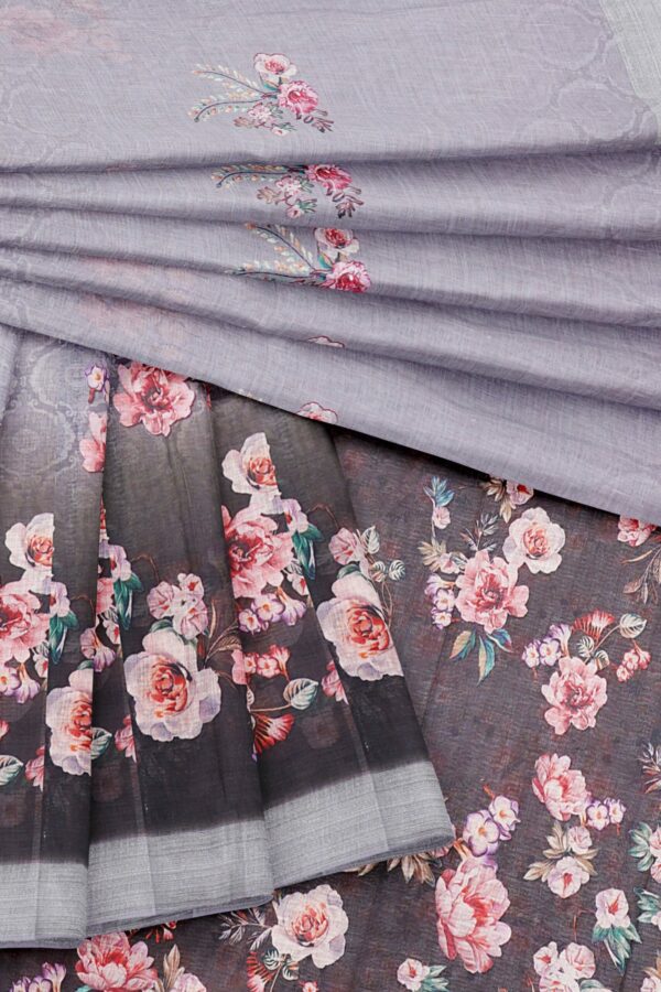 Black and grey floral saree with silver border - Image 5