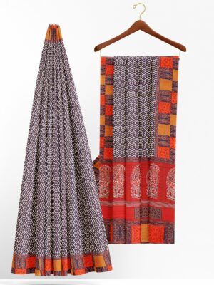 Black and white saree with red orange border