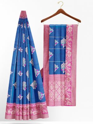 Blue saree with pink colour border