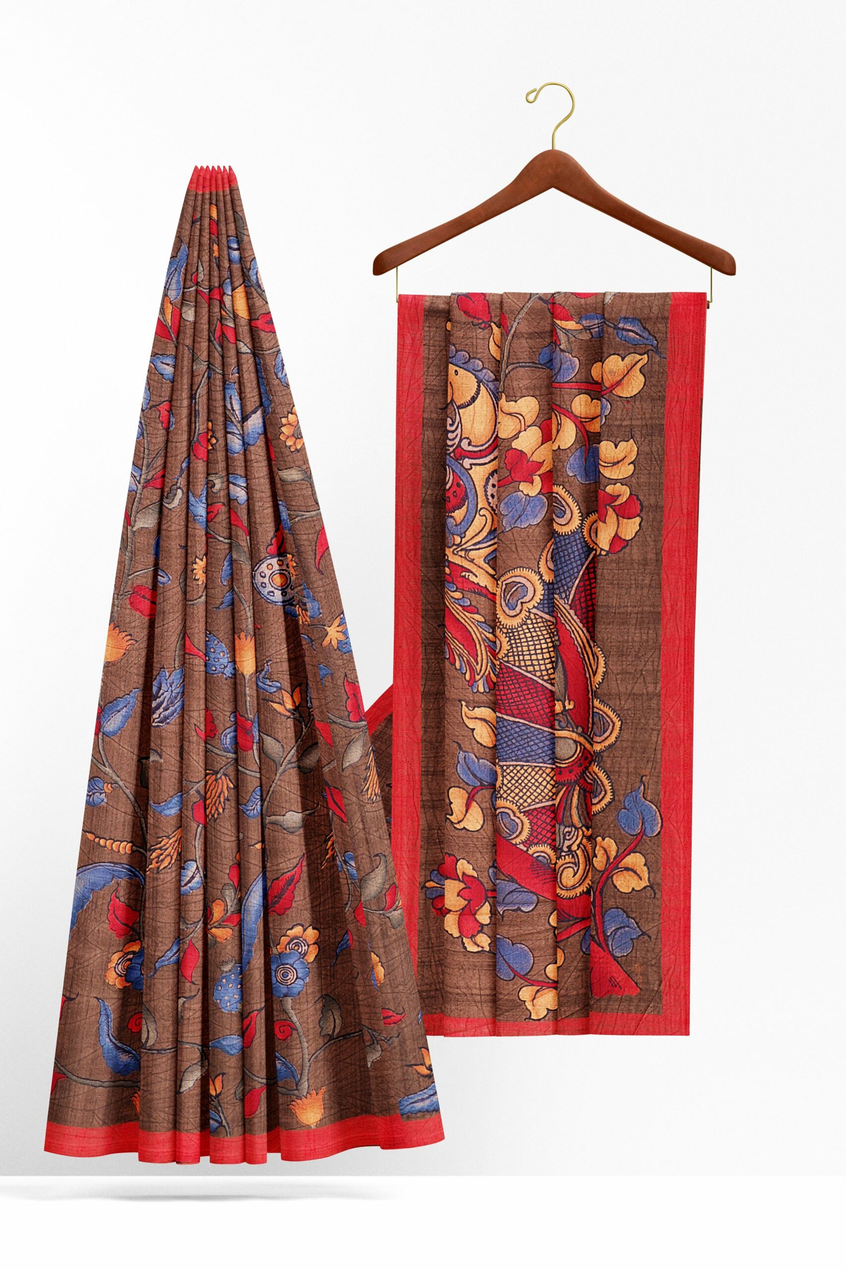 Brown saree with red border