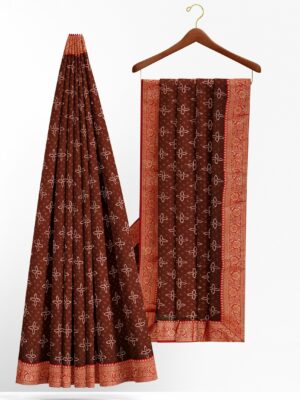 Brown saree with red golden colour border