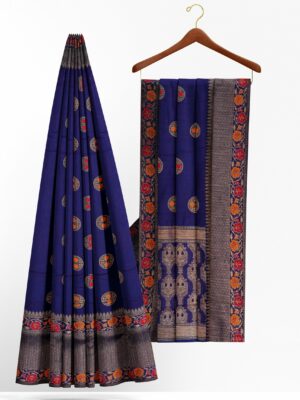 Dark blue saree with red orange floral border
