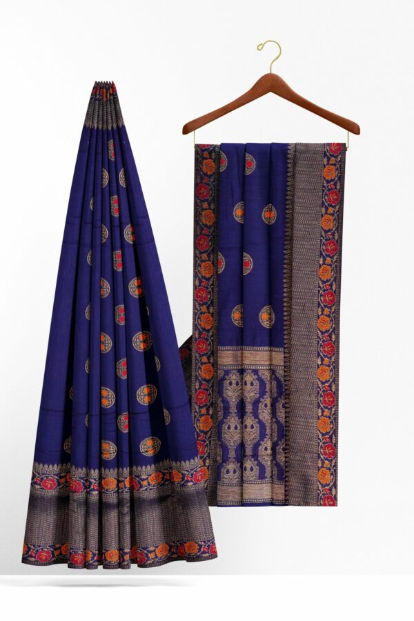 Dark blue saree with red orange floral border