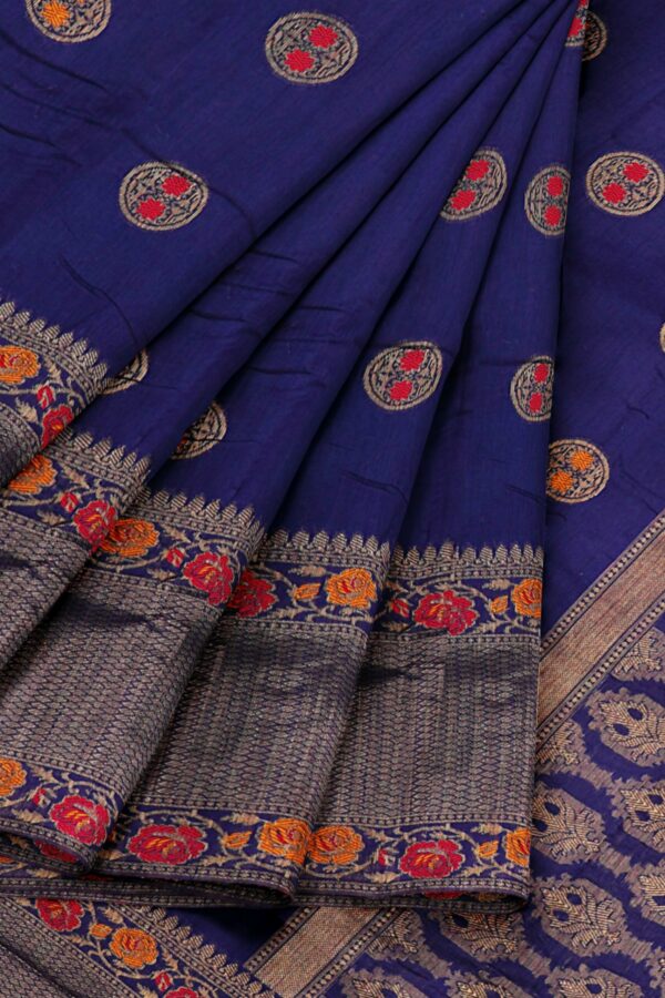 Dark blue saree with red orange floral border - Image 6