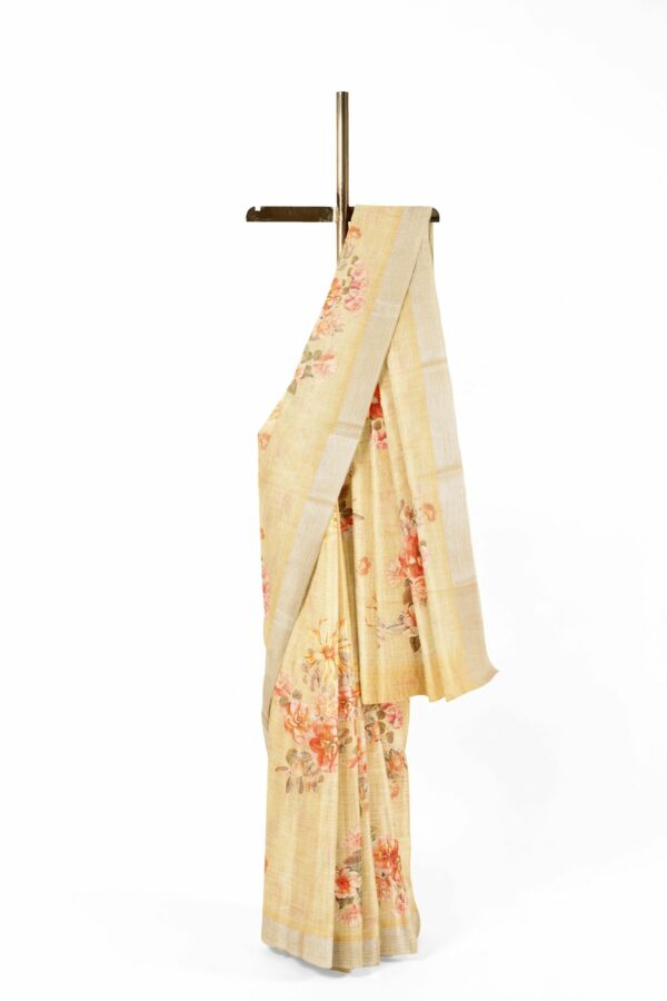 Half white floral saree with silver border - Image 2