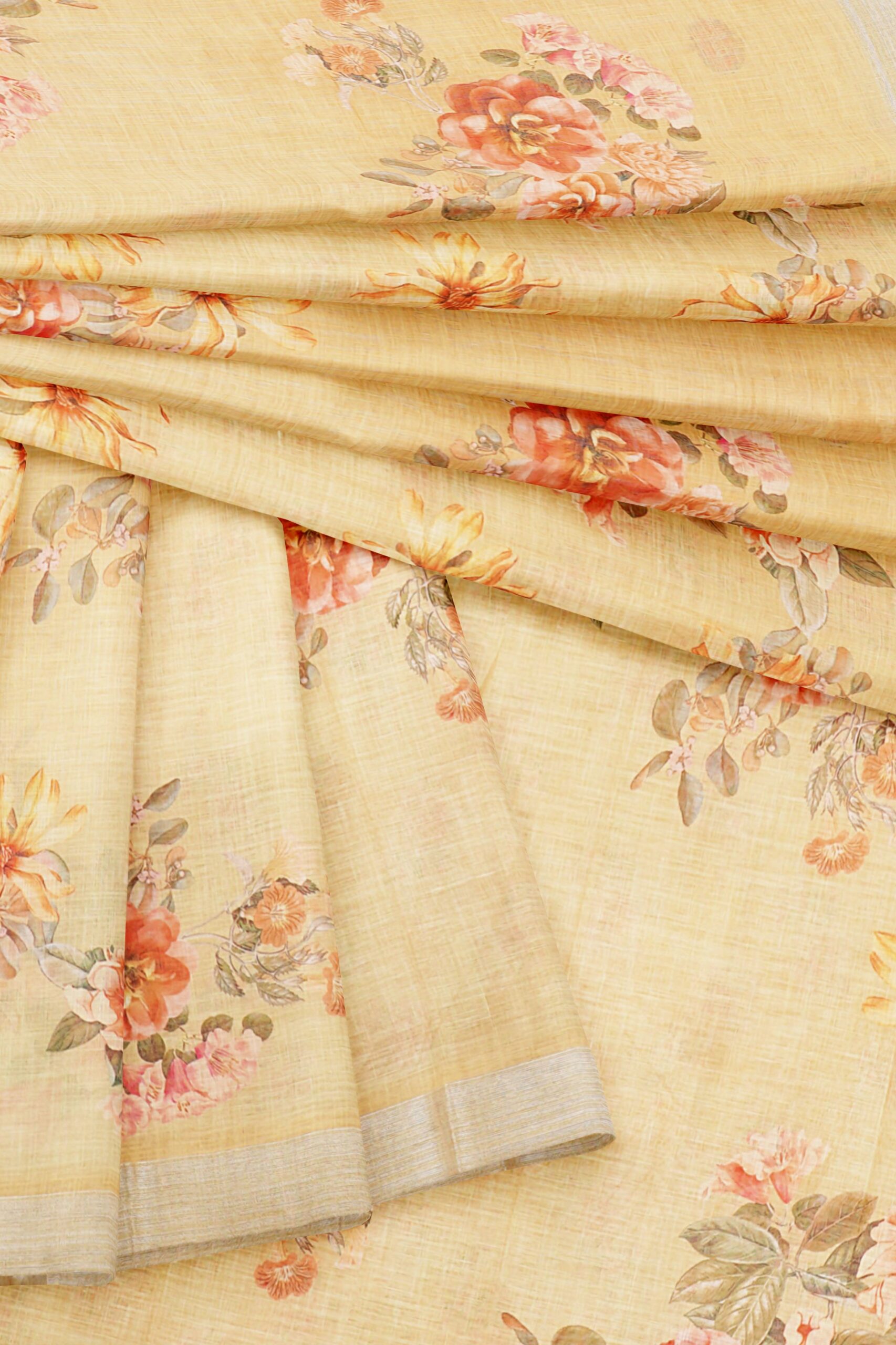 Half white floral saree with silver border - Image 5