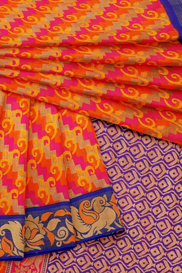 Orange saree with blue border - Image 5