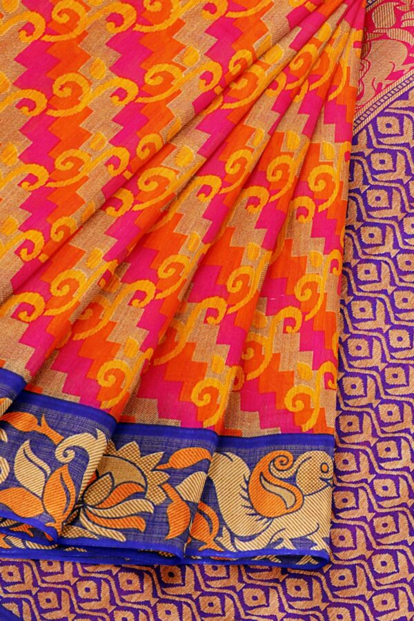 Orange saree with blue border - Image 6