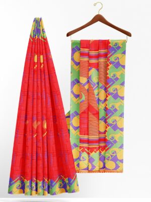 Red saree with green purple border