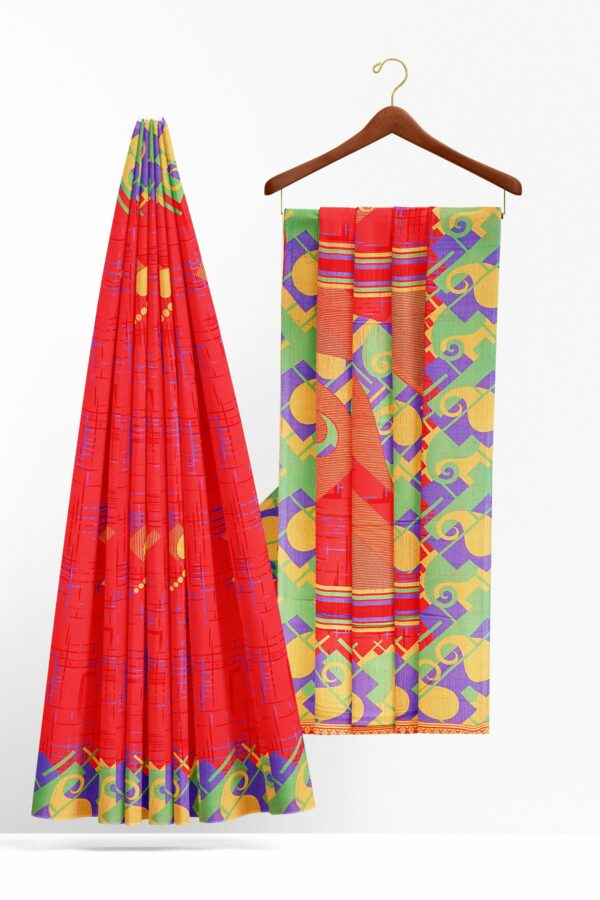 Red saree with green purple border