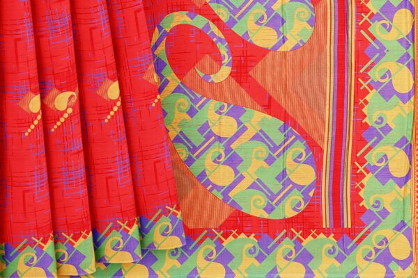 Red saree with green purple border - Image 4