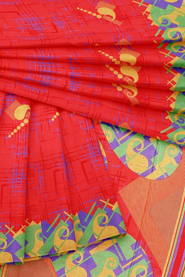 Red saree with green purple border - Image 5