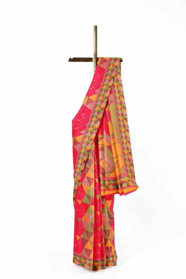 Red saree with green yellow border - Image 2