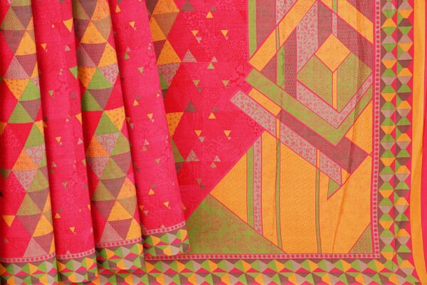 Red saree with green yellow border - Image 4