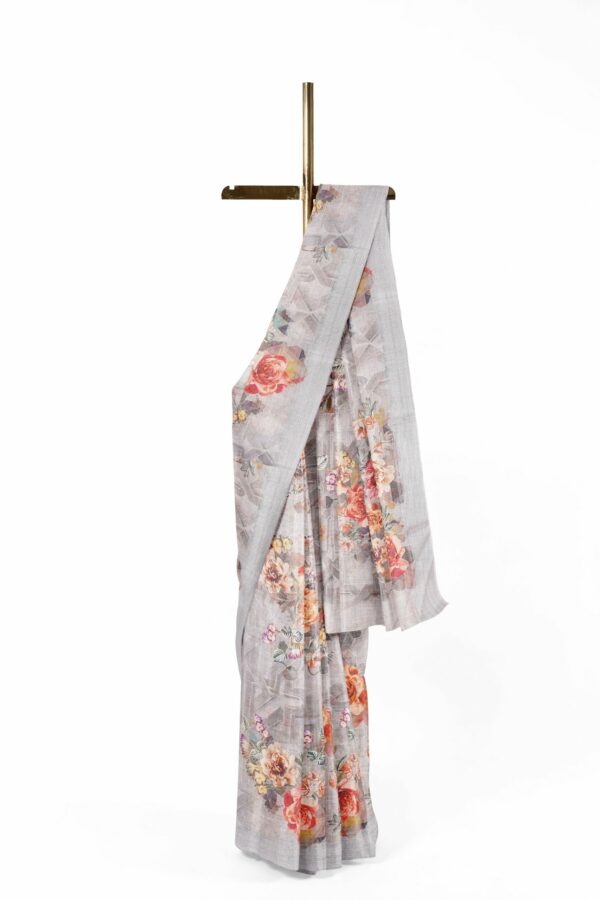 Silver floral saree with silver border - Image 2