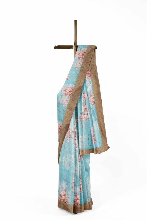 Sky blue saree with brown border - Image 2