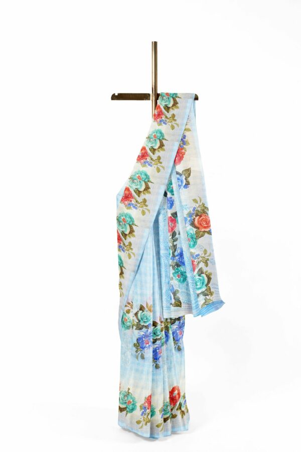 Sky blue saree with floral design - Image 2