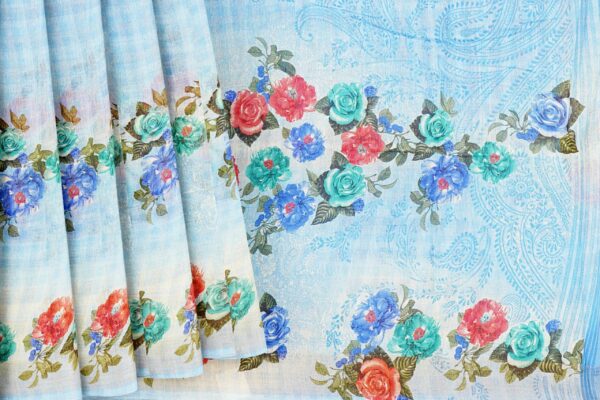 Sky blue saree with floral design - Image 4