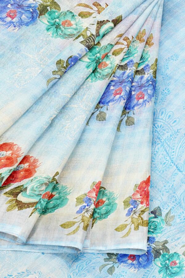 Sky blue saree with floral design - Image 6